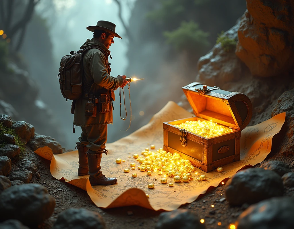 a treasure hunt poster, detailed treasure map, golden treasure chest, shimmering gems, adventurer explorer, intricate compass, swirling mist, dramatic lighting, vibrant colors, cinematic composition, (best quality,4k,8k,highres,masterpiece:1.2),ultra-detailed,(realistic,photorealistic,photo-realistic:1.37)