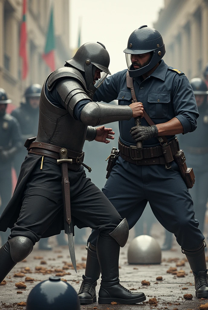 draw a picture of an iron-clad swordsman stabbing a police officer in the stomach with his sword, police in full dress and fallen police shield and helmet with typical police face covering ,set during a political demonstration