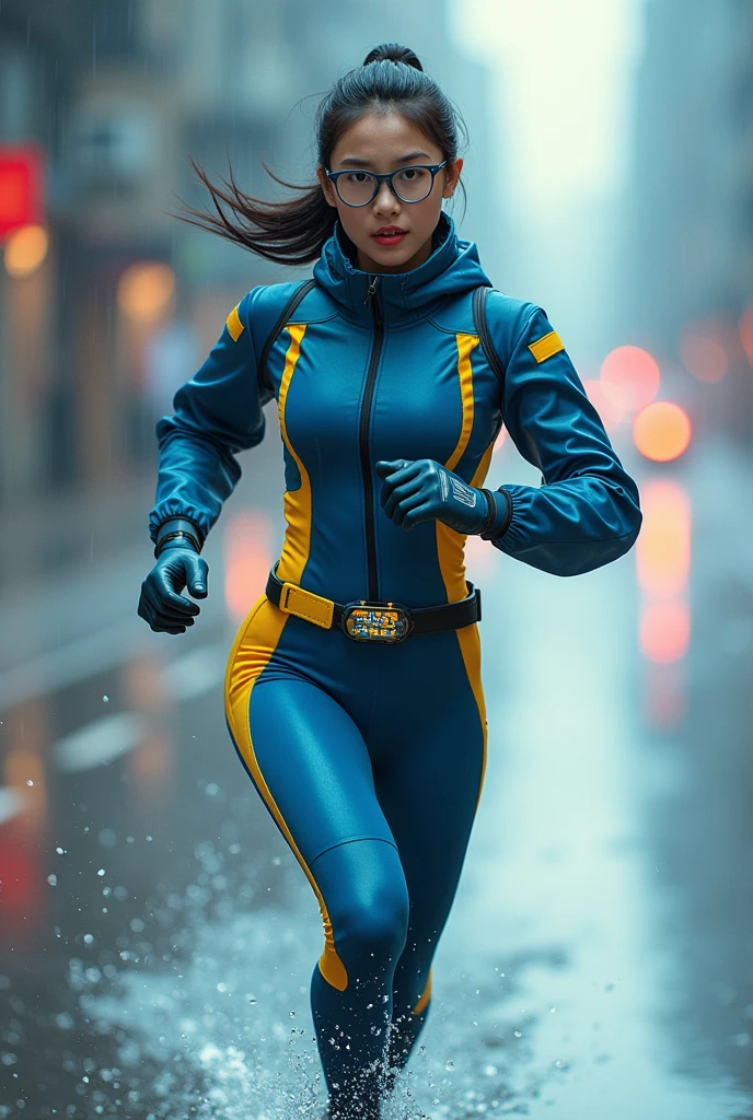 Chinese japan women average age wear jumpsuit high tech(( blue yellow)) ((age 15year old)). high tech belt. ))afternoon time((Running effect photography. flat chest.))((zoom effect photography)) Glowing yellow power.((wear jacket blue))short girl. Runfast effect.(( turtle neck dress)).. ((Wear blue big round glasses big frame)).running speed of light . latex suit. big tight.((flat chest breast)) running athlete.pontytail hair. Braces teeth.((running racing track )).Bokeh background. Panning effect. Yellow high tech watch. a beautiful young chinese women, , wearing a high-tech blue and yellow very tight jumpsuit.(( wear jacket bomber jacket blue yellow)), venus body type.. unning with style pose , girl want to fall. ,floating water pallet, photorealistic.(( fast train effect))detailed facial features,short hair, elegant pose, dynamic lighting. ((glowing body yellow lightning thundereffect)), 8k, award-winning digital art, intricate details, vibrant colors, cinematic composition. very fast run, highly detailed.(( star light trail effect photography)). speed of light. froze time effect. at the city.run water . spashing water. the girl run fast on wet road. background speed of light((.knee cover shield )) nike shoes sneaker running ..