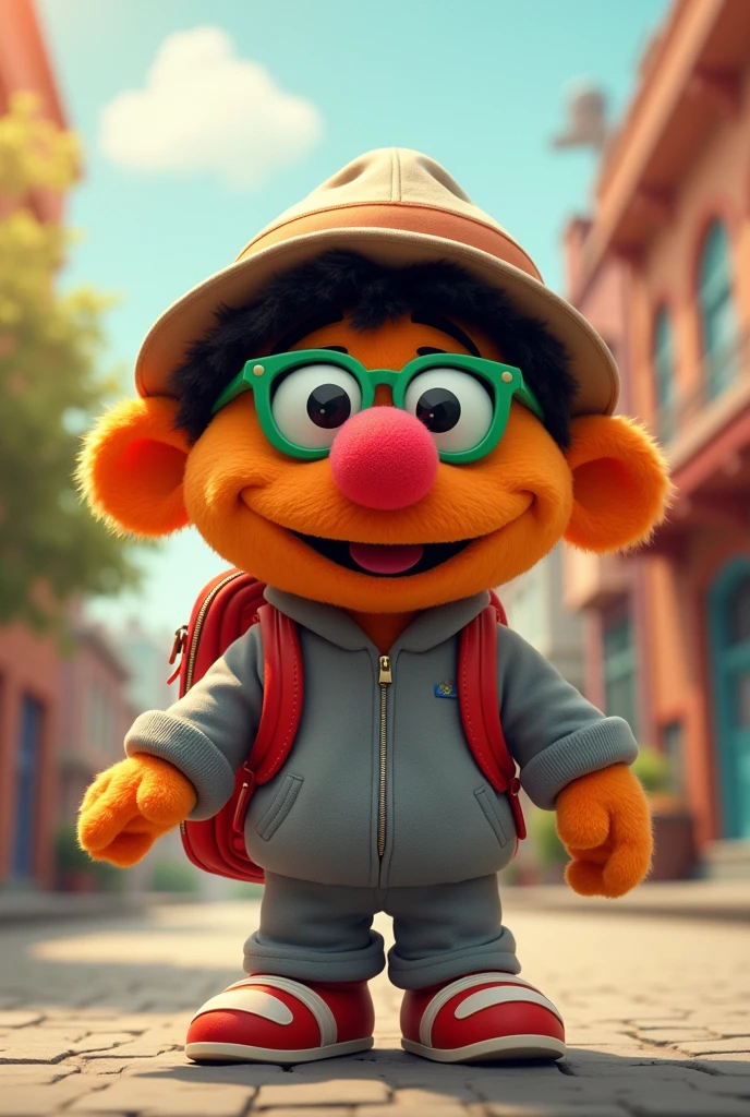Enrique Sesame Street doll with a gray sweatshirt with a hat on and a backpack on the way to school, a red nose and green sunglasses