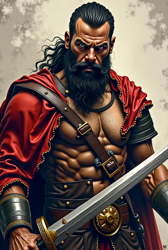 An Ottoman Janissary head and upper body that is aggressive and muscular with an Ottoman sword for a biker gang jacket as a logo