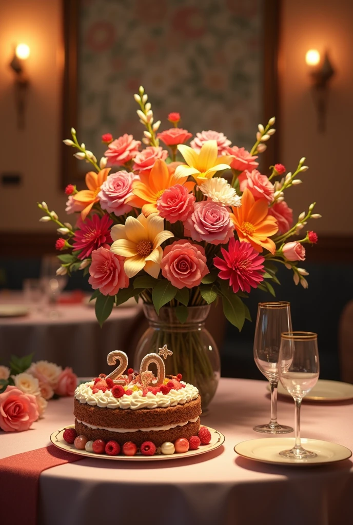 Happy 20th anniversary bouquet and cake warm colors on restaurant with romnatic ambiance
