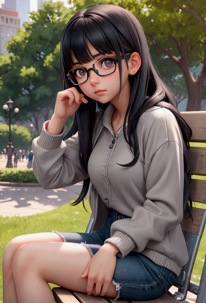 young woman with glasses, gray eyes, expressive look, black hair with bangs, sitting in a park looking for inspiration, wide shot, cinematic lighting, pixar style
