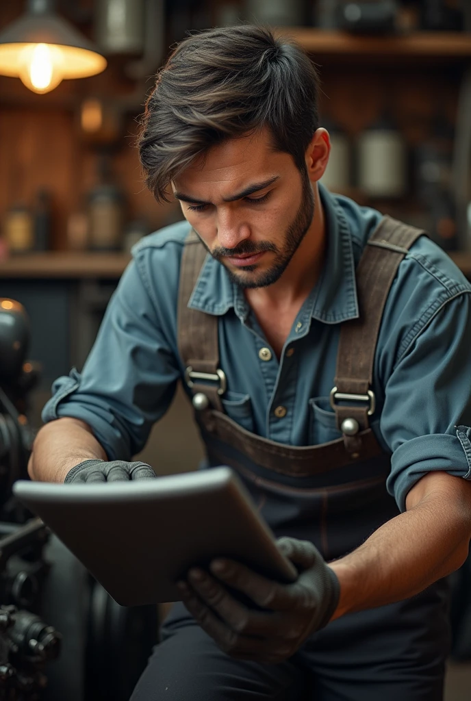With a tablet in hand, a young mechanic man staring at us