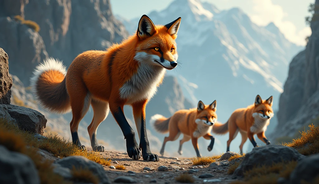 a fierce fox leading his pack with determination, With restricted access 