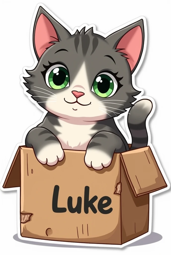 sticker with white background, Gray tabby cat with white belly and paws, green eyes. face up asking for caresses, It's inside a chewed up cardboard box. his name is "Luke" and it is written on the cardboard box where the cat frolics.