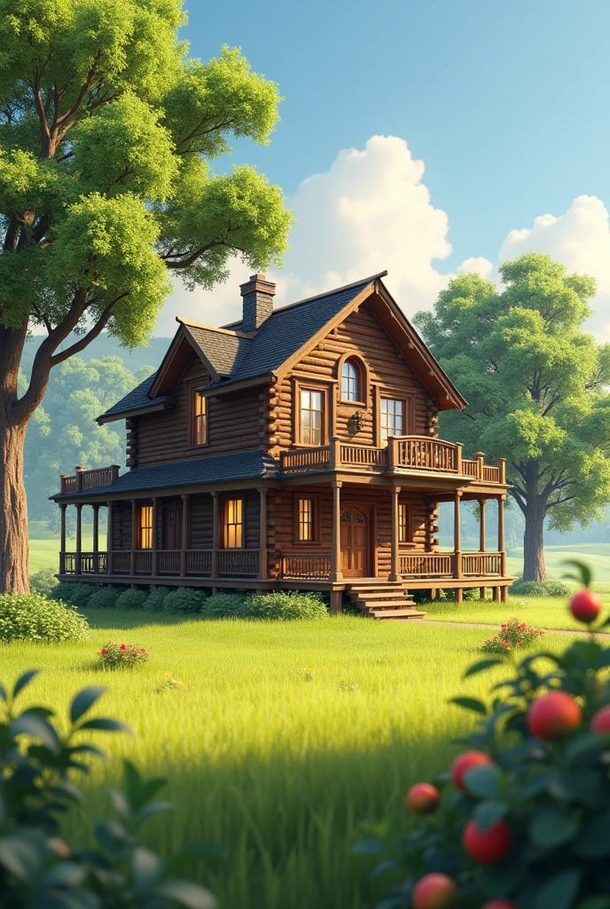 A simple house with wooden windows, with balcony around the house, in the field with some trees and some fruit trees