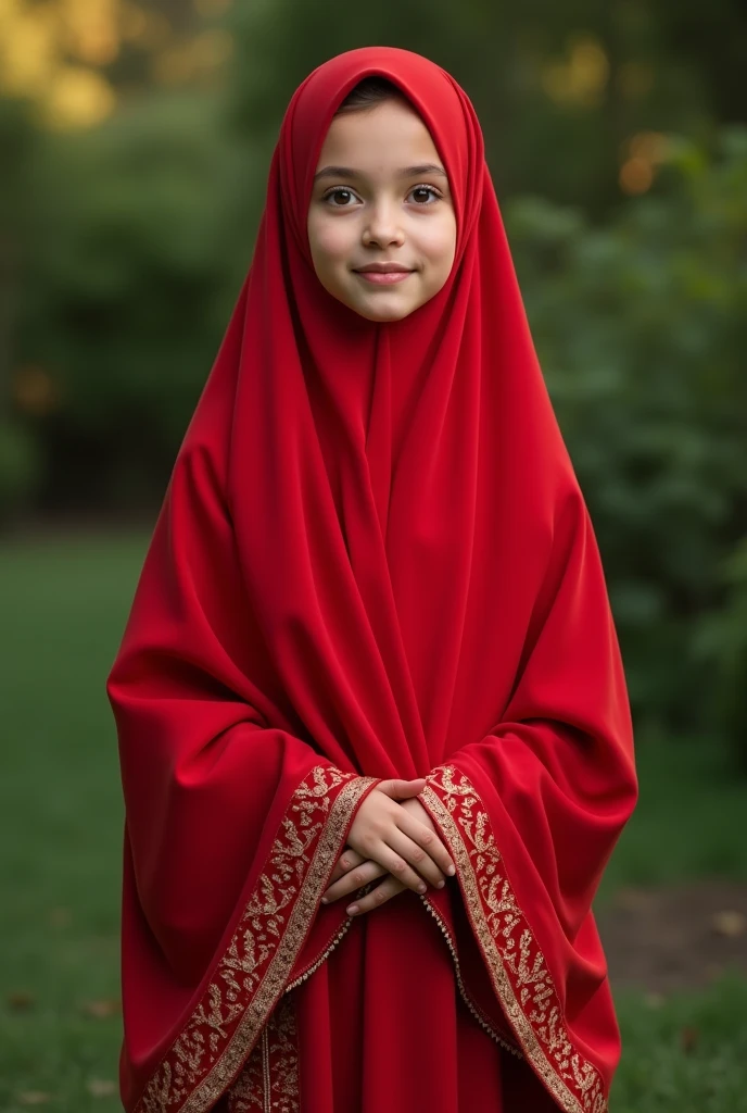 Amina in a red hijab wedding attire as a girl