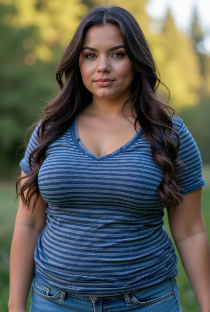  A beautiful young Caucasian girl.Her facial features are exquisite and fit completely with the golden ratio of human anatomy....its length, black fur, pechos bigs, huge safe, fat body, fat women,  beautiful landscape,  big breasts, big breasts, big , busty , big breast,  big , wearing a beautiful blue striped t-shirt, Ripped jeans, pose sexy , big breasts,  autophoto, on the stairs,  outside,  big tall buildings , full body shot , full body view