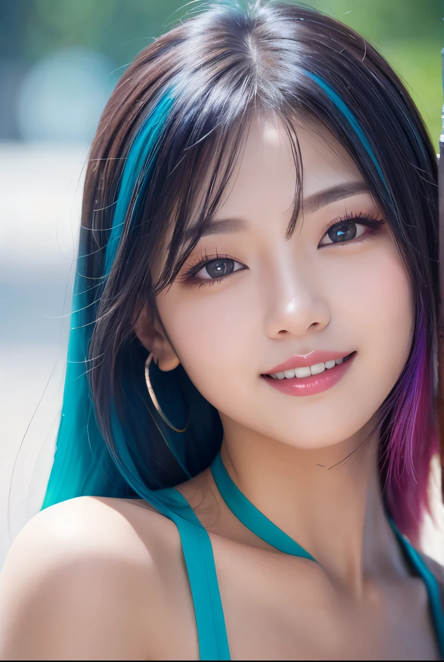 high quality, real、High resolution, Realistic、8k、masterpiece, detailed.impressive, Cutting-edge female photography portraits、Happy expression、Looking at the camera、Asahi、cyan, and purple, Her vibrant makeup really catches the eye.. Her colorful hair is tied up high、Various hair colors