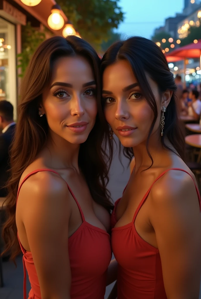 2 hyperrealistic latina girls, mood selfie for instagram, Ultra Definition, (photorealistic: 1.4), 8k, premier quality, Detailed backgrounds, delicate face, Natural makeup, raw photo, iphone, HdR, Flirting with the viewer, in an outdoor restaurant, de evening, evening, evening, dress, dress, closeup photo, city, seductive pose, Whole body, con dress sexy,  shapely legs, big loot INFO
