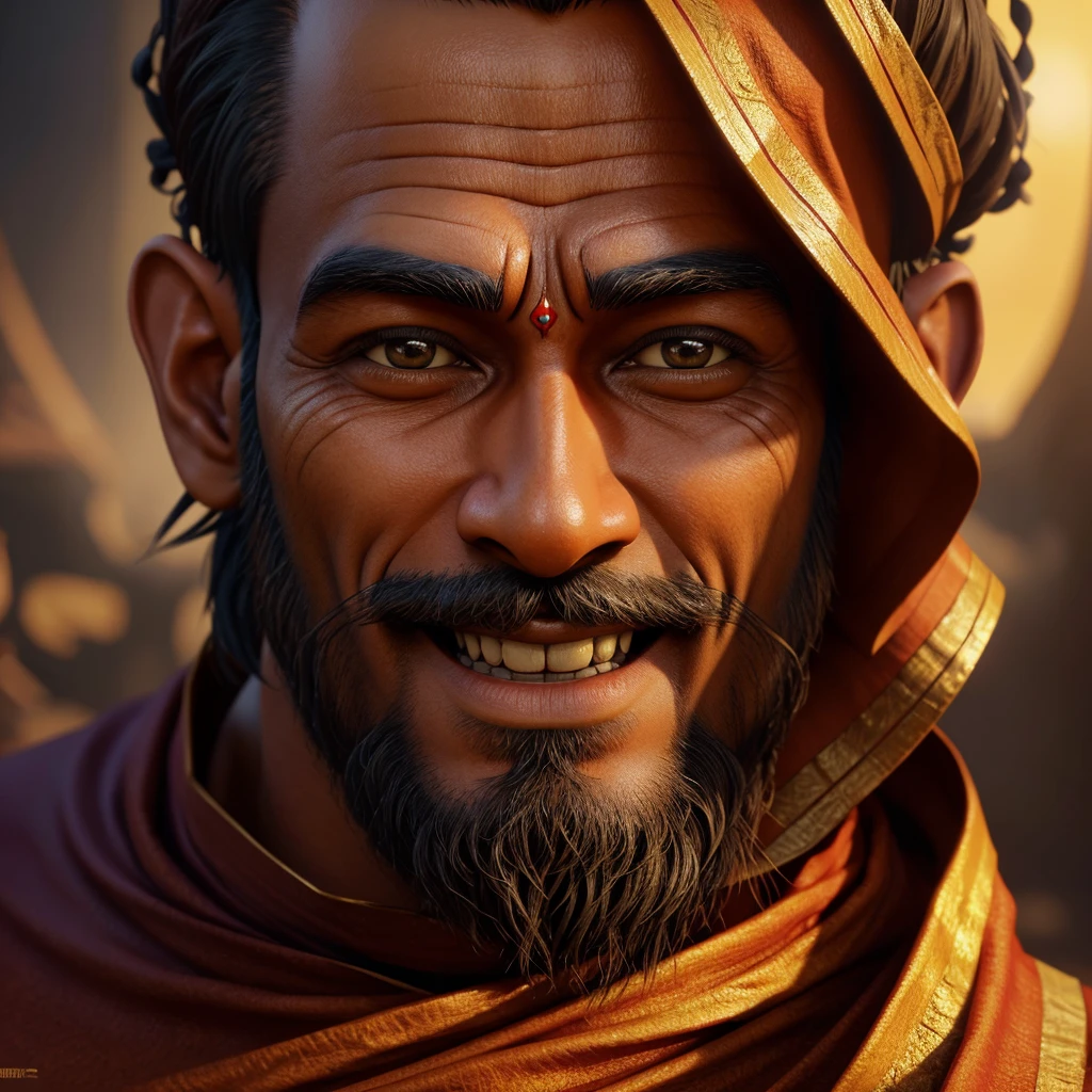a cinematic 3d cartoon style, hindu monk smiling and saying "my lord, i am not a man of war, but if you wish, we can play a game", detailed facial features, intricate character design, high quality 3d rendering, vibrant colors, dramatic lighting, cinematic composition, fantasy setting, ornate details