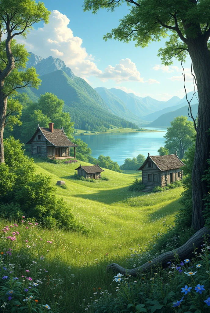 a forest , orchards, dilapidated cabins, with meadows and a lake

