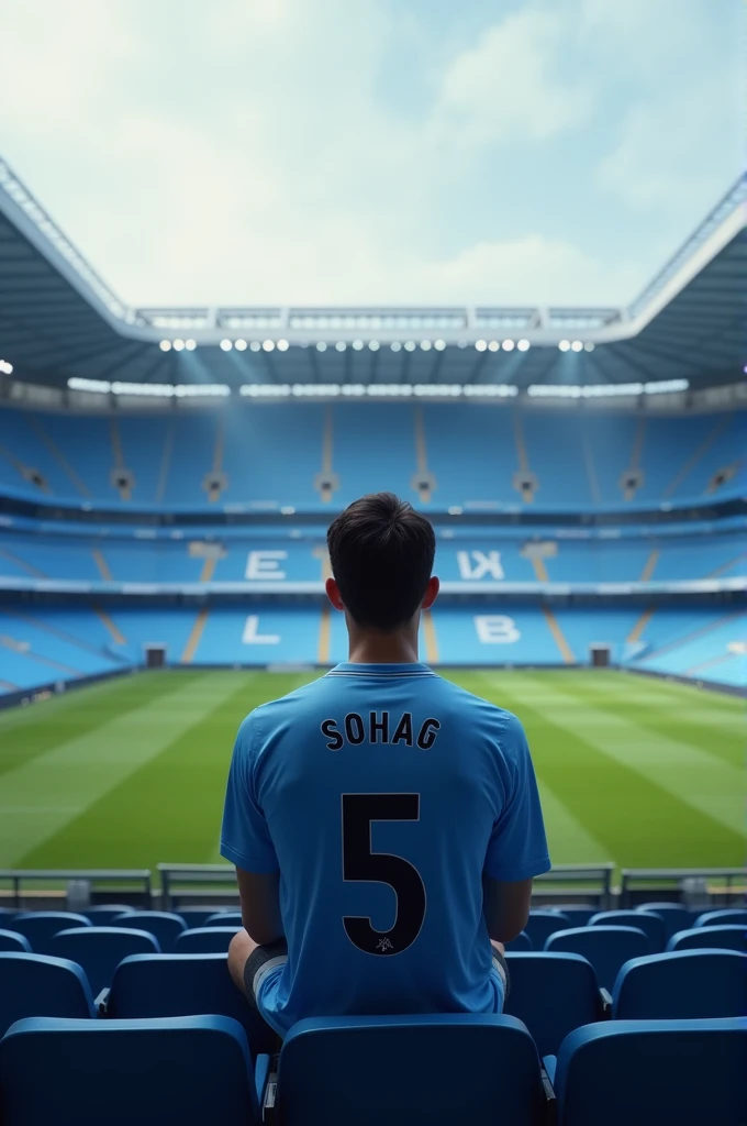 A young men age of 2 height of 5 feet 8 inch sitting alone in Etihad stadium wearing a man city no 5 jersey named SOHAG