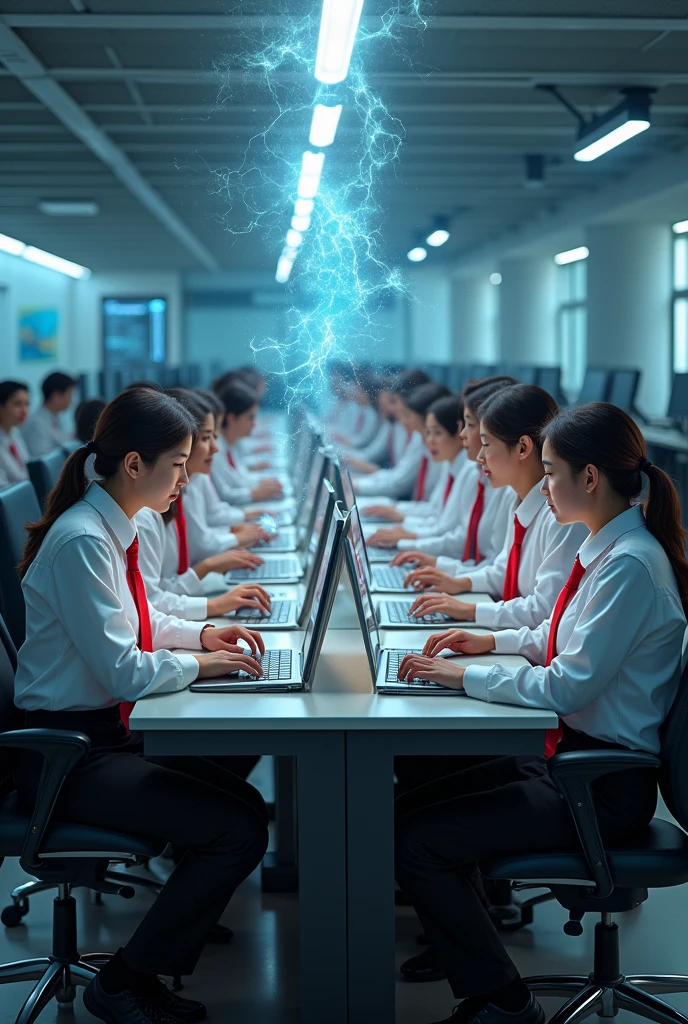 A wizard group of new generation boys wizards wearing white shirt black pant and red ties in a computer lab