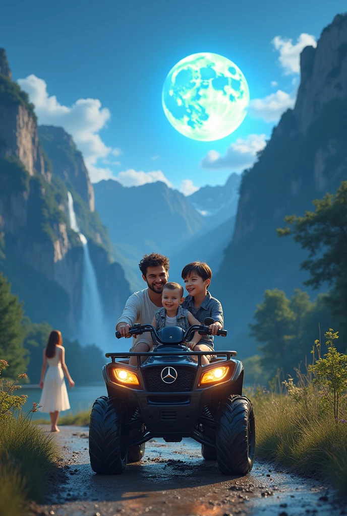 Dad and his two-year-old son sitting on a Mercedes brand ATV. and his wife dressed in white watching from afar . All this in a landscape similar to Switzerland with waterfalls and on the road with a super blue moon .
