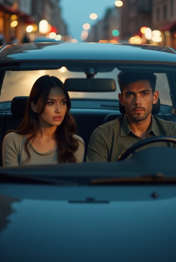 Image of a woman with a man of approximately 30 years old inside a car on the street, (normal street). The photo has to be taken from afar