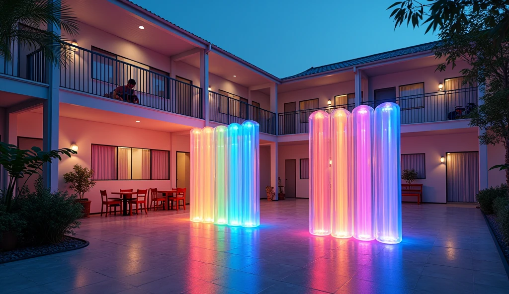 This is a baseball player's dormitory. It's a two-story building. The first floor common area includes a living room, a kitchen, and a central leisure space. In the leisure space, there are 12 acrylic tubes, each 5 cm wide and 100 cm tall, standing vertically and emitting different colored lights. These tubes serve as an art installation for the dormitory.