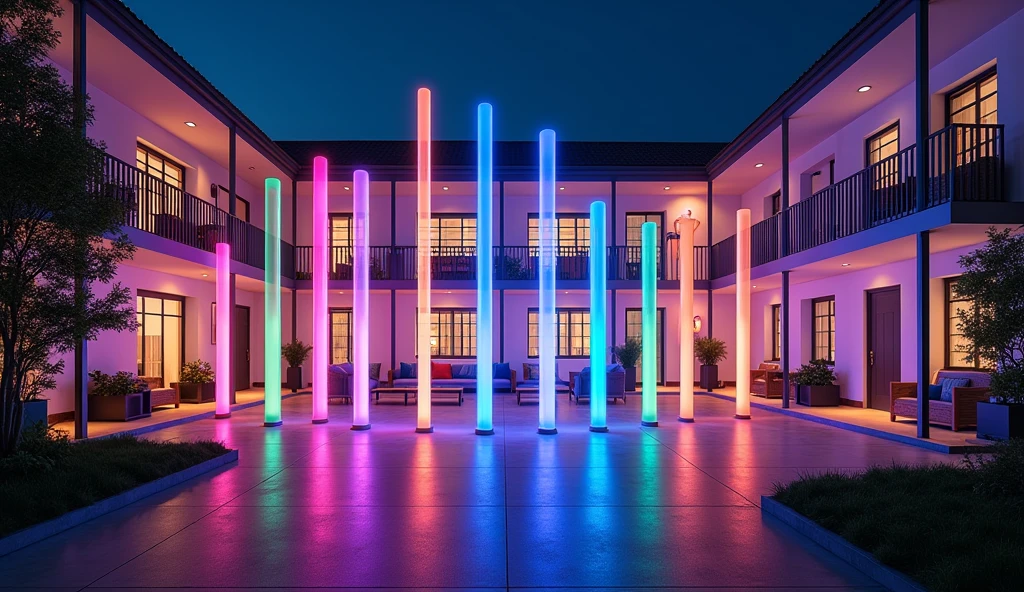 This is a baseball player's dormitory. It's a two-story building. The first floor common area includes a living room, a kitchen, and a central leisure space. In the leisure space, there are 12 acrylic tubes, each 5 cm wide and 100 cm tall, standing vertically and emitting different colored lights. These tubes serve as an art installation for the dormitory.