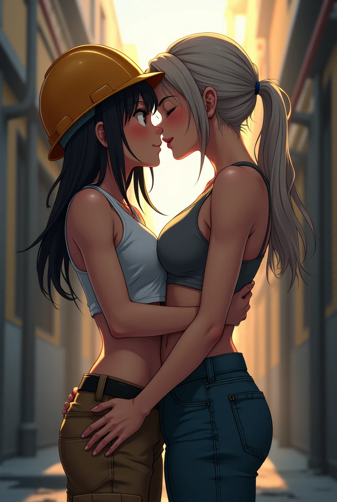 Anime, A age female construction worker tomboy wearing a crop top and a hard hat and cargo pants and showing off her exposed toned muscular stomach being kissed by an aggressive voluptuous older widowed woman wearing a simple house dress and no hat in an alleyway