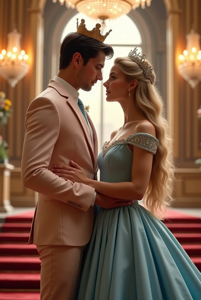 In the grand ballroom, a young woman of twenty with a fair complexion and long, straight blonde hair stands gracefully on the staircase. She wears a light blue royal gown that cascades elegantly around her, and a delicate tiara sparkles atop her head. Beside her, a handsome young man, also twenty years old with fair skin and dark brown hair, dons a light peach suit and wearing a simple crown on his head. The man is wearing a prince crown on his head. They stand close together, holding hands, their gazes locked in a moment of shared affection. The opulent setting of the ballroom, with its sparkling chandeliers and rich decor, enhances the regal and romantic atmosphere of their poised presence.