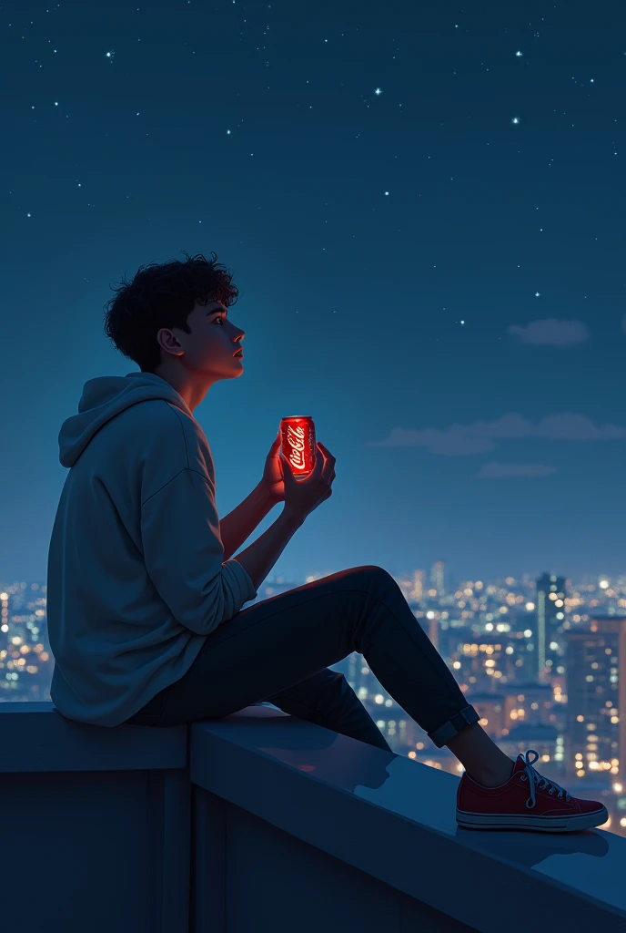 "A young adult sitting on a city rooftop at night, looking at the stars, holding a cold can of Coca-Cola, feeling refreshed."