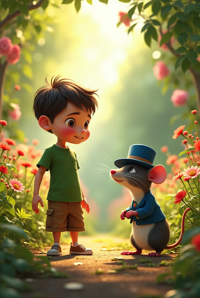 {
  "size": "1024x1792",
  "prompt": "A curious young boy named Léo, with a green shirt and brown shorts, stands in a colorful garden full of flowers. He is surprised to see a small, friendly rat wearing a blue elegant hat, standing on a rock. The scene is vibrant with sunlight, and the garden is lush and full of life."
}