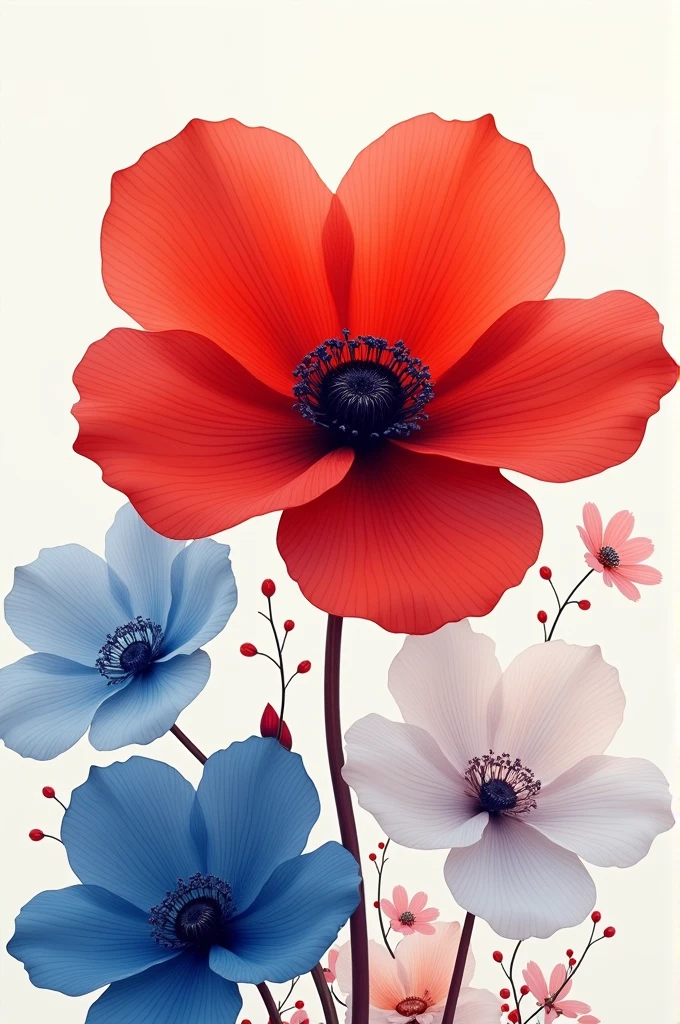 Large red flower,blue and white