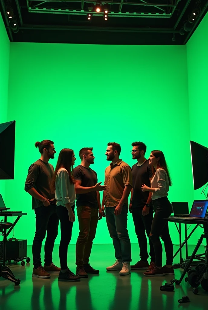A group of young innovators with green screen