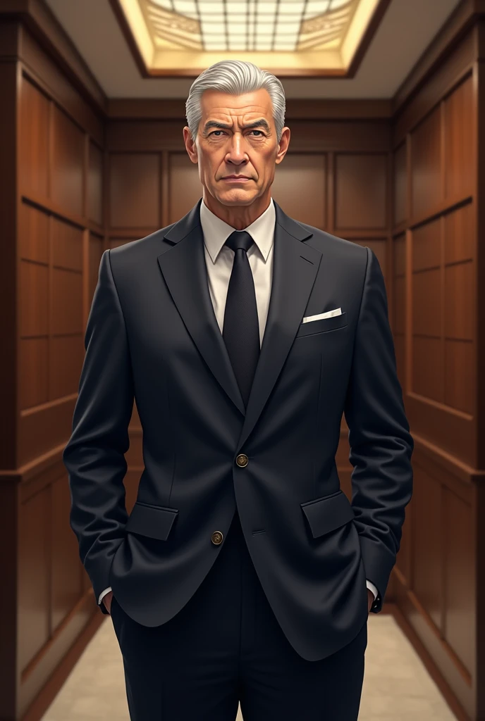 Wearing a smart suit、Stand in a prestigious location、White haired man , With a serious face, fit、Japanese face