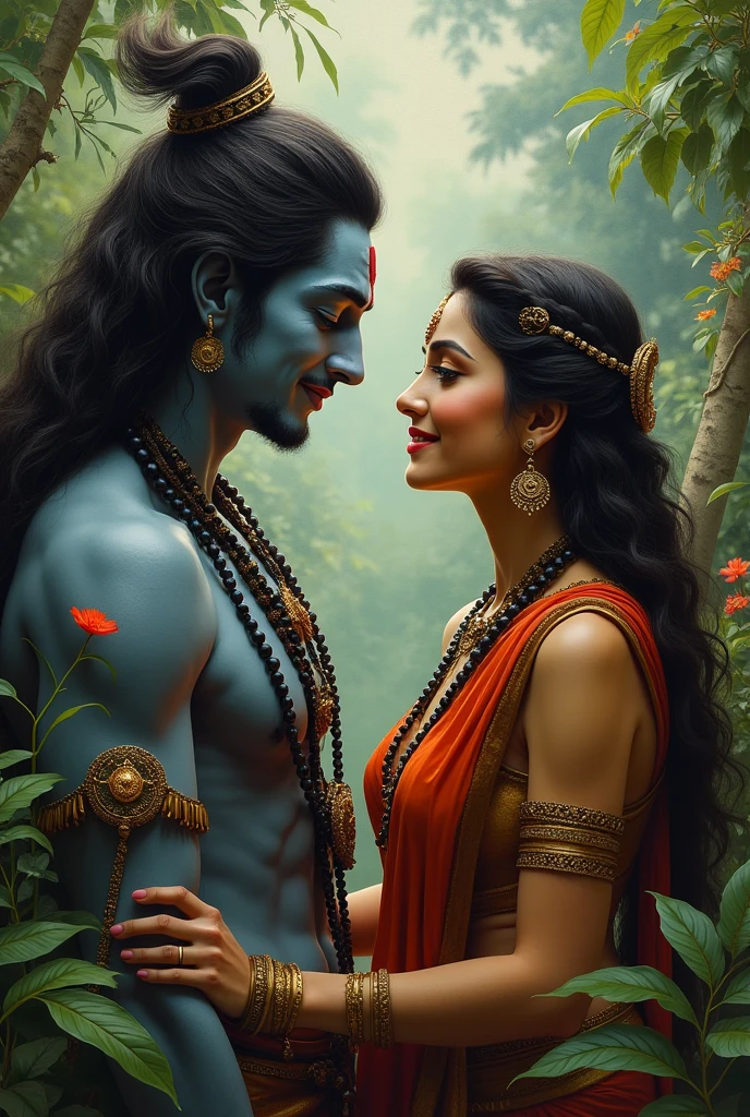 Lord Shiva With Goddess Parvati In Beautiful Jungle looking at each other Close Up,Realistic, portrait, depicting a historical figure, oil painting
