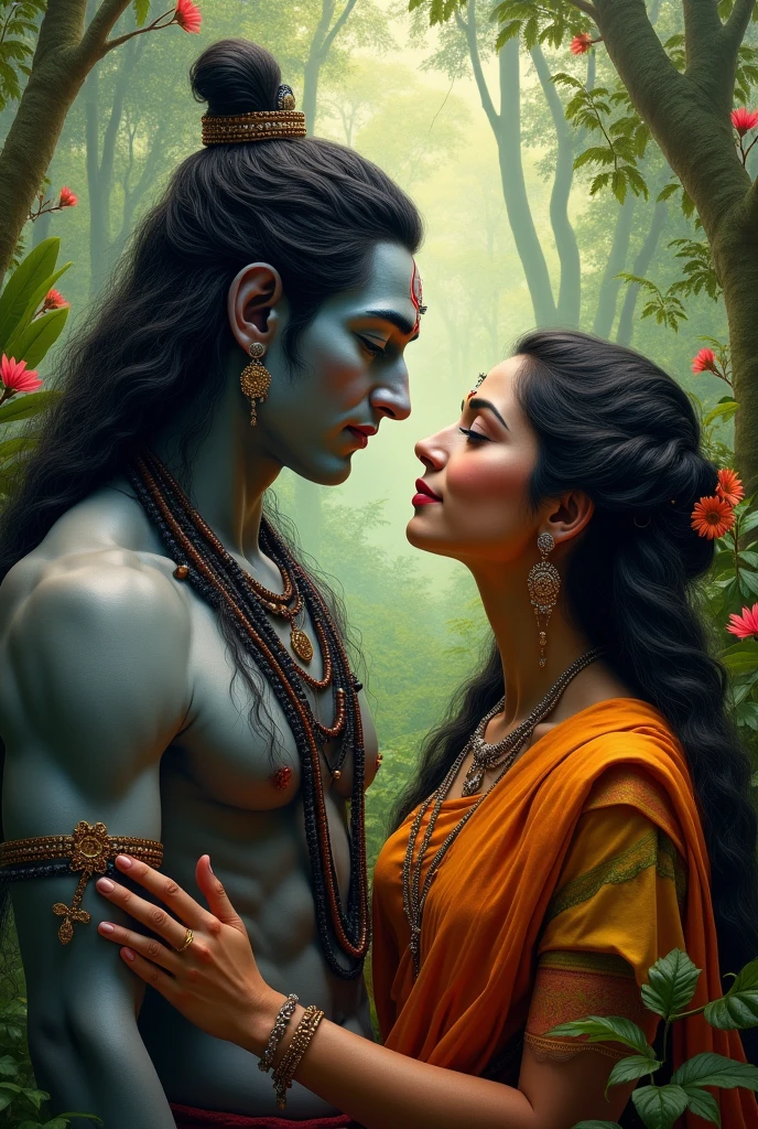 Lord Shiva With Goddess Parvati In Beautiful Jungle looking at each other Close Up,Realistic, portrait, depicting a historical figure, oil painting