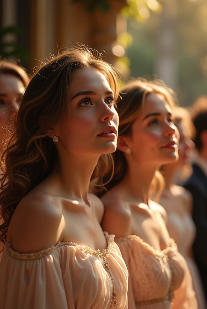 A few beautiful girls are looking at the wedding ceremony with wide eyes.