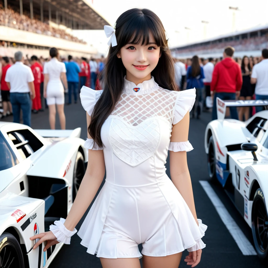 cinematic still {close up face, (adolescence girl), small smile, (pure white dress:1.2), a lot of frills, white lace cape, beautiful tender eyes symmetrical, (beautiful and detailed face), (beautiful black hair), long hair, blunt bangs, nice hands, perfect hands, Grid girl illustration. The character is wearing a pure white grid girl costume. As for the costume, she is wearing a shiny, furry costume based on pure white, and the top is short. The sleeves are pure white ruffles, and the bottoms are tight shorts. He is wearing pure white high-heeled boots underfoot. She has an energetic and confident smile on her face. Circuit pits and racing cars line up in the background.} . emotional, harmonious, vignette, highly detailed, high budget, bokeh, cinemascope, moody, epic, gorgeous, film grain, grainy