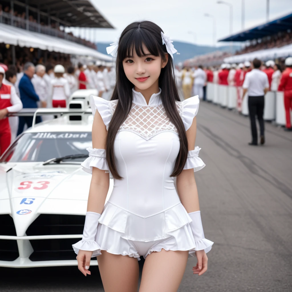 cinematic still {close up face, (ad girl), small smile, (pure white dress:1.2), a lot of frills, white lace cape, beautiful tender eyes symmetrical, (beautiful and detailed face), (beautiful black hair), long hair, blunt bangs, nice hands, perfect hands, Grid girl illustration. The character is wearing a pure white grid girl costume. As for the costume, she is wearing a shiny, furry costume based on pure white, and the top is short. The sleeves are pure white ruffles, and the bottoms are tight shorts. He is wearing pure white high-heeled boots underfoot. She has an energetic and confident smile on her face. Circuit pits and racing cars line up in the background.} . emotional, harmonious, vignette, highly detailed, high budget, bokeh, cinemascope, moody, epic, gorgeous, film grain, grainy