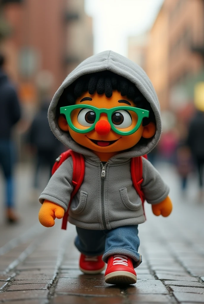 Small Enrique Sesame Street doll with a gray hoodie and backpack on the way to school with a red nose and green sunglasses