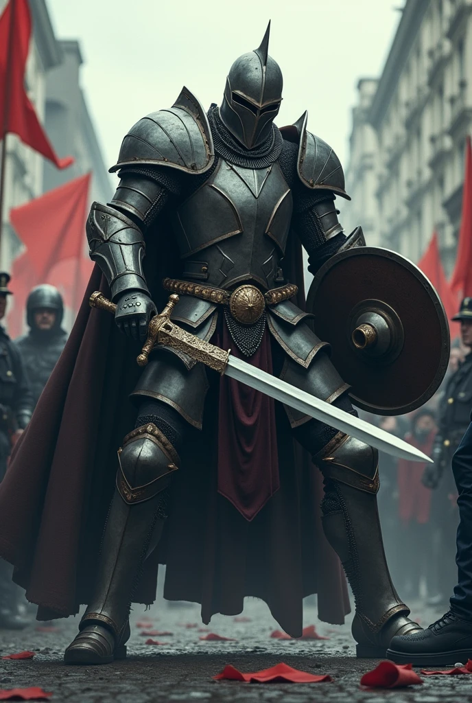 draw a picture of an iron clad sword knight stabbing a police officer in the stomach with his long sword, stabbing a fully dressed police officer and a fallen police shield and helmet with a typical police face covering ,set during a political demonstration