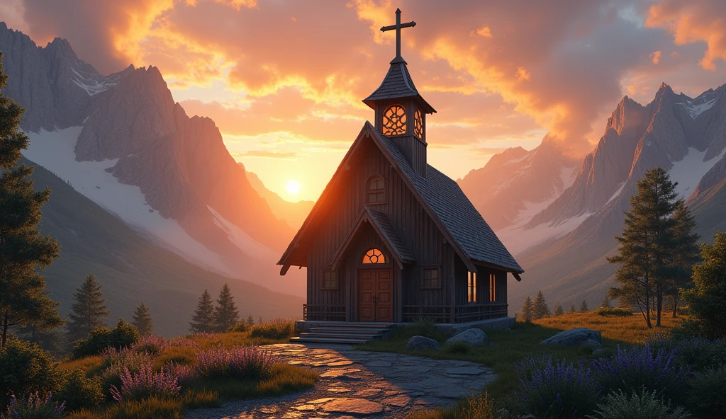 (photorealism:1.2), inside photo of a chapel set up to see a sunrise sun, light colors, in the style of mountainous vistas with huge cloud, wooden chapel, big cross in the middle, centered, storm in the background , shot on 8k red camera, still from a movie