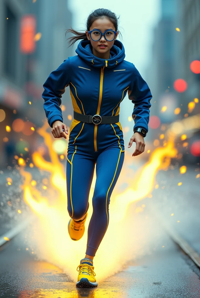 Chinese japan women average age wear jumpsuit high tech(( blue yellow)) ((age 15year old)). high tech belt. ))afternoon time((Running effect photography. flat chest.))((zoom effect photography)) Glowing yellow power.((wear jacket blue))short girl. Runfast effect.(( turtle neck dress)).. ((Wear blue big round glasses big frame)).running speed of light . latex suit. big tight.((flat chest breast)) running athlete.pontytail hair. Braces teeth.((running racing track )).Bokeh background. Panning effect. Yellow high tech watch. a beautiful young chinese women, , wearing a high-tech blue and yellow very tight jumpsuit.(( wear jacket bomber jacket blue yellow)), venus body type.. unning with style pose , girl want to fall. ,floating water pallet, photorealistic.(( fast train effect))detailed facial features,short hair, elegant pose, dynamic lighting. ((glowing body yellow lightning thundereffect)), 8k, award-winning digital art, intricate details, vibrant colors, cinematic composition. very fast run, highly detailed.(( star light trail effect photography)). speed of light. froze time effect. at the city.run water . spashing water. the girl run fast on wet road. background speed of light((.knee cover shield )) yellow blue nike shoes sneaker running ..