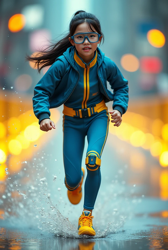 Chinese japan women average age wear jumpsuit high tech(( blue yellow)) ((age 15year old)). high tech belt. ))afternoon time((Running effect photography. flat chest.))((zoom effect photography)) Glowing yellow power.((wear jacket blue))short girl. Runfast effect.(( turtle neck dress)).. ((Wear blue big round glasses big frame)).running speed of light . latex suit. big tight.((flat chest breast)) running athlete.pontytail hair. Braces teeth.((running racing track )).Bokeh background. Panning effect. Yellow high tech watch. a beautiful young chinese women, , wearing a high-tech blue and yellow very tight jumpsuit.(( wear jacket bomber jacket blue yellow)), venus body type.. unning with style pose , girl want to fall. ,floating water pallet, photorealistic.(( fast train effect))detailed facial features,short hair, elegant pose, dynamic lighting. ((glowing body yellow lightning thundereffect)), 8k, award-winning digital art, intricate details, vibrant colors, cinematic composition. very fast run, highly detailed.(( star light trail effect photography)). speed of light. froze time effect. at the city.run water . spashing water. the girl run fast on wet road. background speed of light((.knee cover shield )) yellow blue nike shoes sneaker running ..