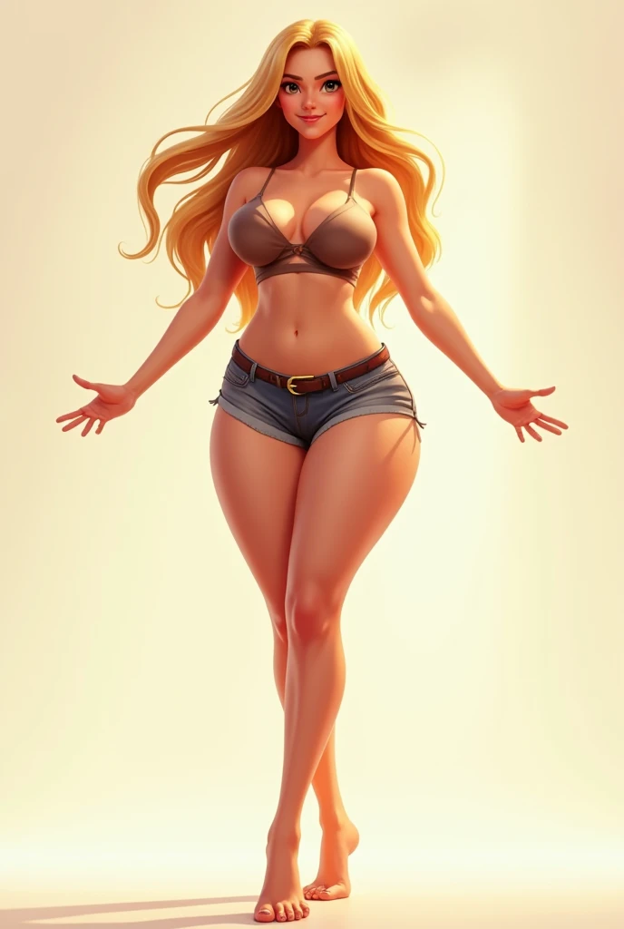 (Disney Pixar style: 1.2) (20 year old adult: 1.), white, hazel eyes, with shorts and crop top, big breasts, T-shaped foot with small waist, open and stretched hands with large legs facing forward so that all five fingers and extended arms can be seen, blonde spreads her legs but makes her slim with big legs
