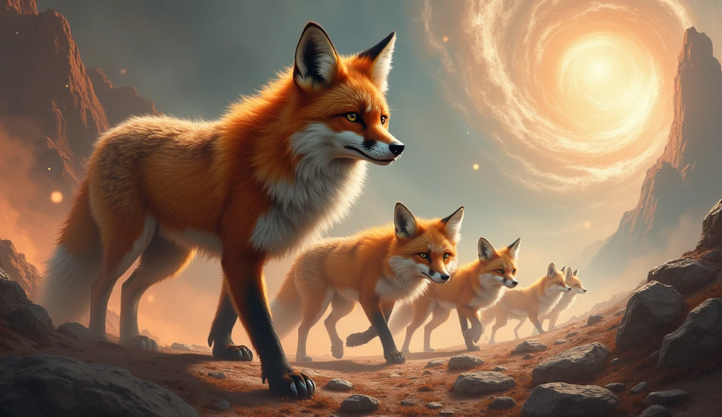 a fierce fox leading his group With restricted access in space