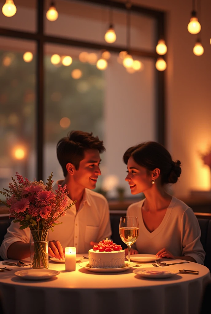 Happy 20th anniversary, Meekoy. bouquet and cake and wine with warm colors on restaurant with romanatic ambiance
