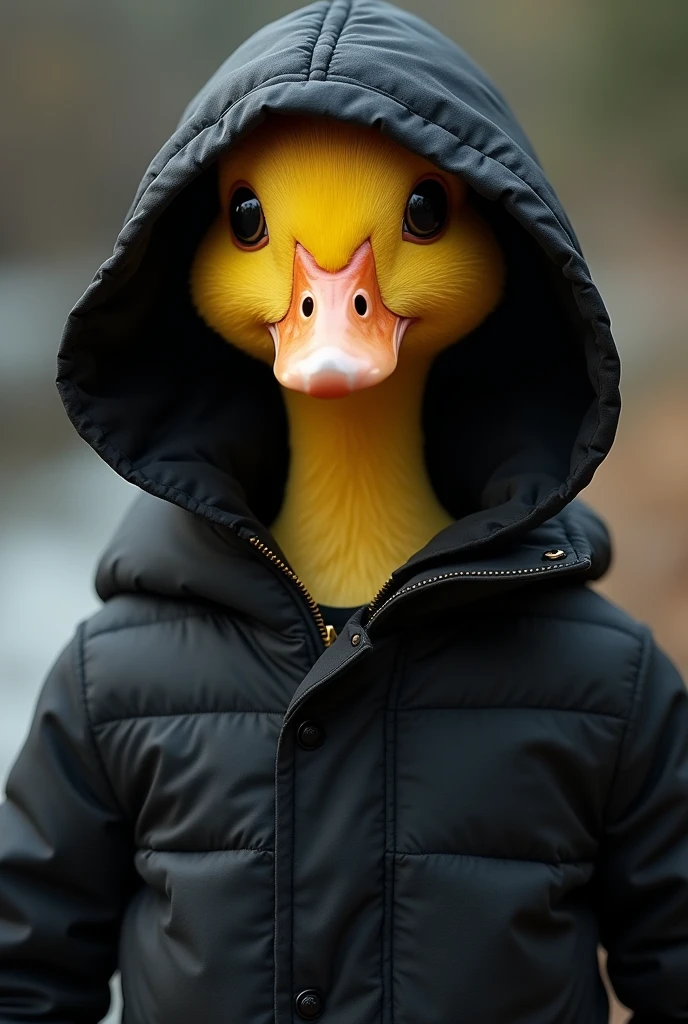 The duck has bright yellow plumage., but instead of its usual plumage, He is wearing a black hooded jacket that fits him very well.. The hood covers his head and neck., giving it a very cool and modern look. The duck&#39;s eyes sparkle with curiosity, and its wings are ready to unfold at any moment.
