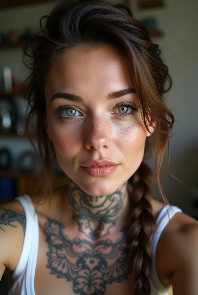 selfie, clin d'œil, jolie femme au visage de bébé, expression attrayante et séduisante, Timide, Cheveux brun , front, se maquiller, yeux bleus, proportion corporelle superlative, couvert de tatouages, portant une chemise en tricot ample, pantalon en cuir moulant, Bottes d'ingénieur, Artistique, Hyper, art numérique graphique CG TATOUE au travail en 5 photos