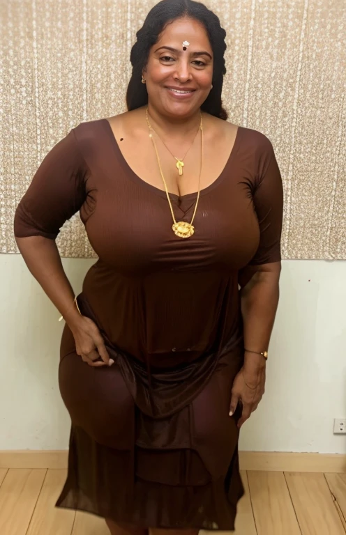  milf woman vijaya,in a brown dress, posing her hot milf figure to camera , fleshy figure,cougar lady , extremely gorgeous, heavy physique, voluptuous, curvy, sexy figure, glowing eyes,happy charming face,