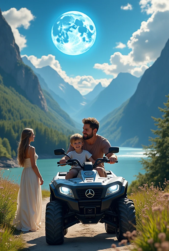 Dad and his two-year-old son sitting on a Mercedes brand ATV.  and his wife dressed in white watching from afar . All this in a landscape similar to Switzerland with waterfalls and on the road with a super blue moon .