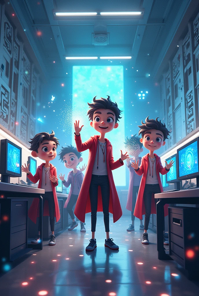 A wizard group of animated boysa computer lab