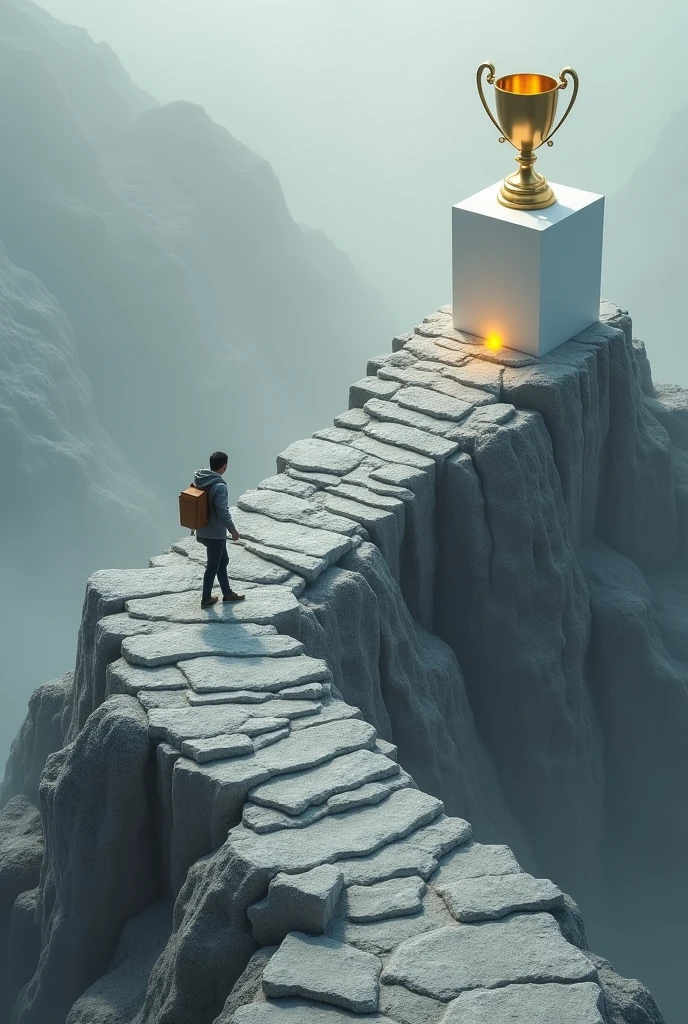Climbing a gray cobblestone slope, at the top a white cube with a golden trophy on top