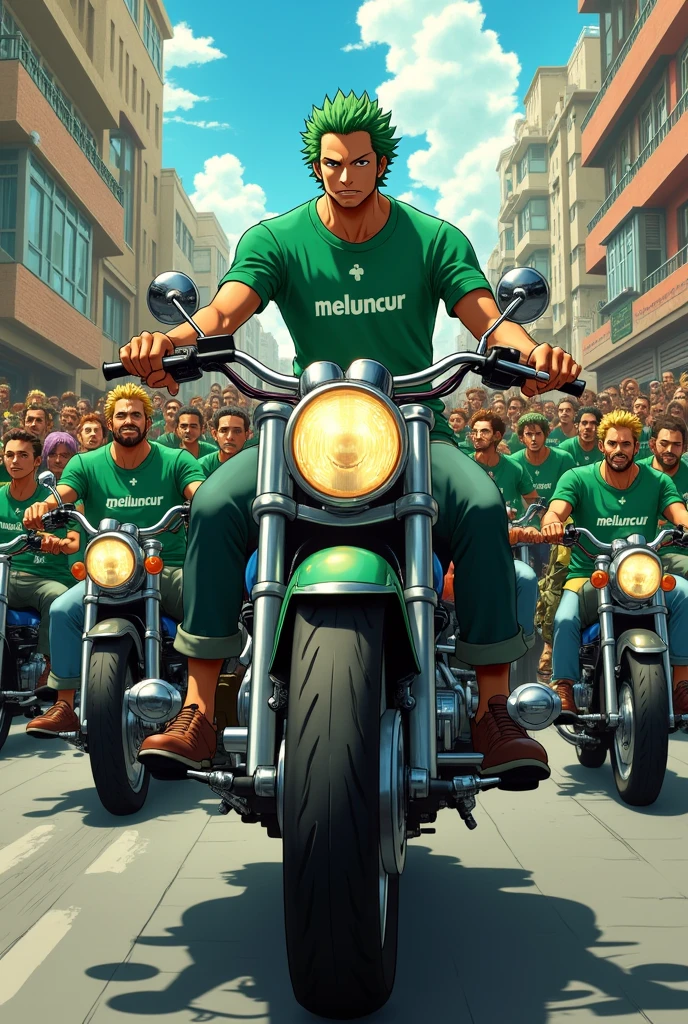 Zoro brought his squad of 100 people on a busy motorbike. all of them wore green group shirts that had the words MELUNCUR on the chest of their shirts. all his troops were excited